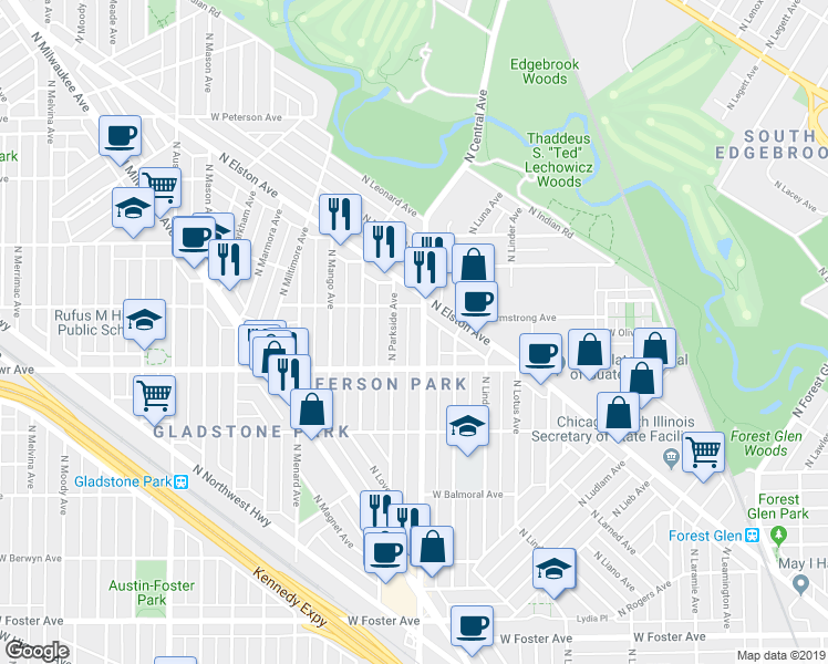 map of restaurants, bars, coffee shops, grocery stores, and more near 5617 North Central Avenue in Chicago