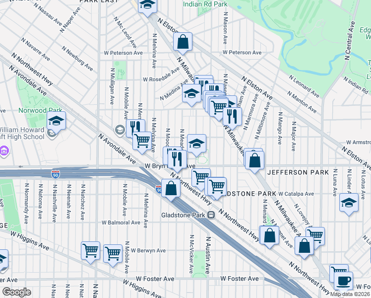 map of restaurants, bars, coffee shops, grocery stores, and more near 5619 North Meade Avenue in Chicago