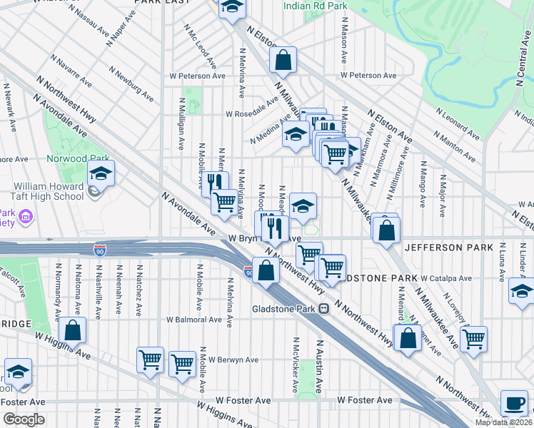map of restaurants, bars, coffee shops, grocery stores, and more near 5619 North Moody Avenue in Chicago