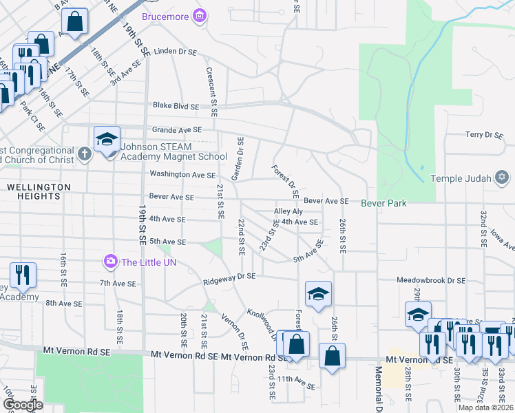 map of restaurants, bars, coffee shops, grocery stores, and more near 2248-2256 Meadowbrook Drive Southeast in Cedar Rapids