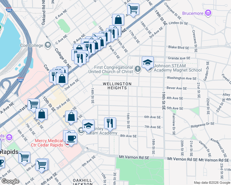 map of restaurants, bars, coffee shops, grocery stores, and more near 1511 4th Avenue Southeast in Cedar Rapids