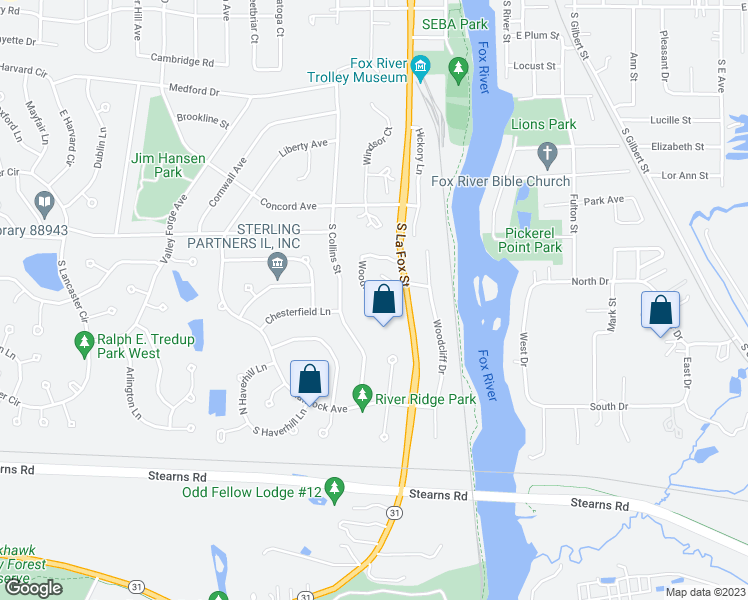map of restaurants, bars, coffee shops, grocery stores, and more near 350 Woodridge Circle in South Elgin