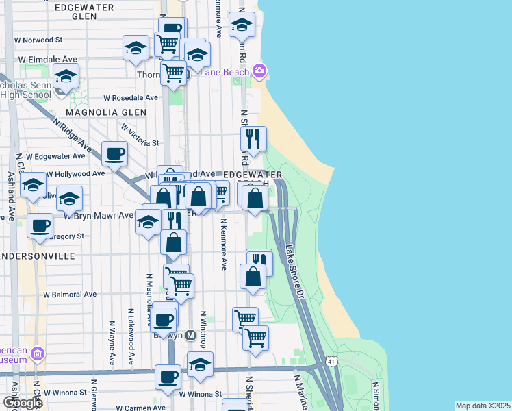 map of restaurants, bars, coffee shops, grocery stores, and more near 1011 West Bryn Mawr Avenue in Chicago