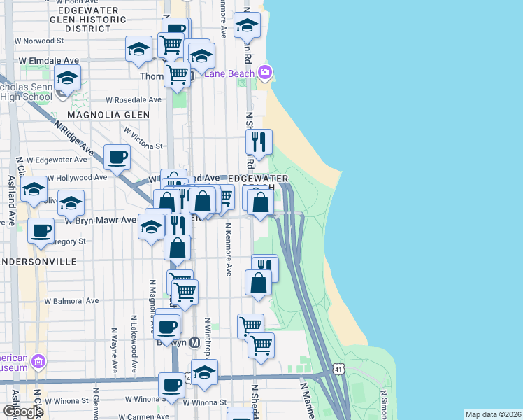 map of restaurants, bars, coffee shops, grocery stores, and more near 1011 West Bryn Mawr Avenue in Chicago