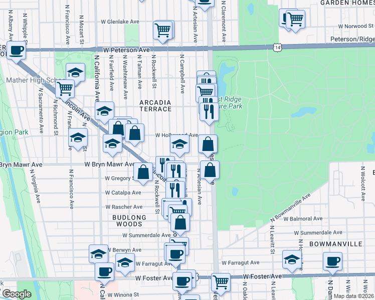 map of restaurants, bars, coffee shops, grocery stores, and more near 2452 West Bryn Mawr Avenue in Chicago