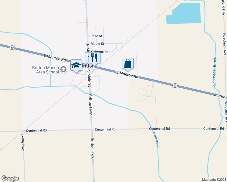 map of restaurants, bars, coffee shops, grocery stores, and more near 200 East Chicago Boulevard in Britton