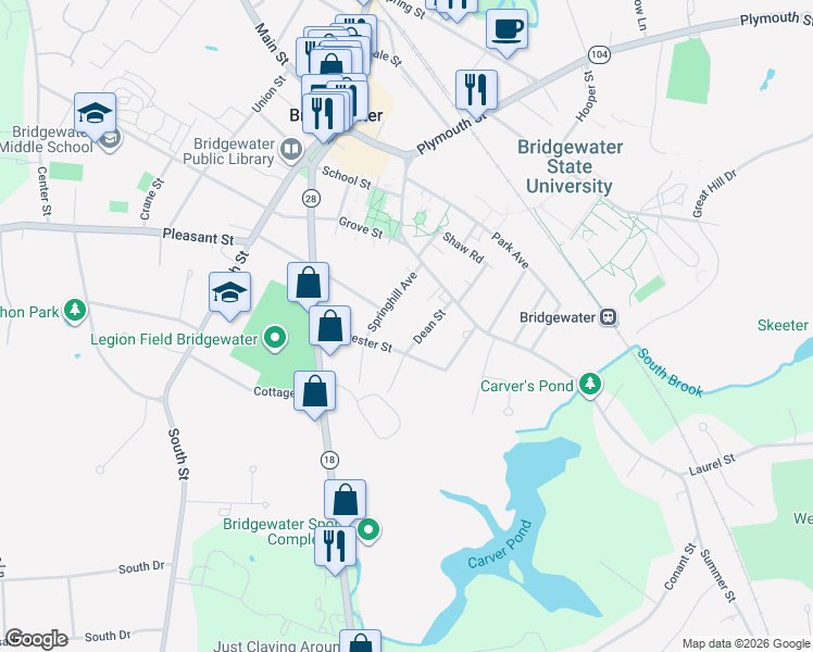 map of restaurants, bars, coffee shops, grocery stores, and more near 70 Dean Street in Bridgewater