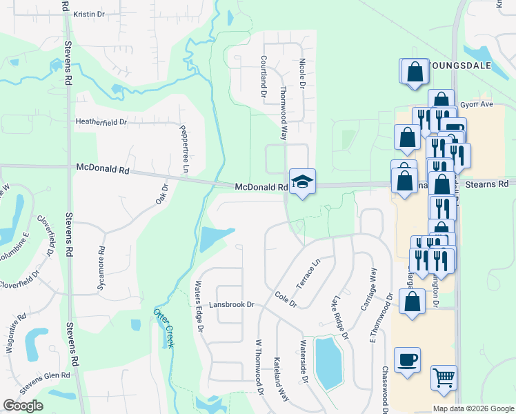 map of restaurants, bars, coffee shops, grocery stores, and more near 740 Cole Drive in South Elgin