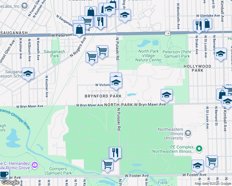 map of restaurants, bars, coffee shops, grocery stores, and more near 5640 North Pulaski Road in Chicago