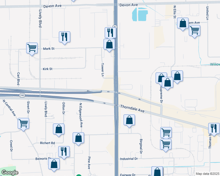 map of restaurants, bars, coffee shops, grocery stores, and more near 1000 Tower Lane in Bensenville
