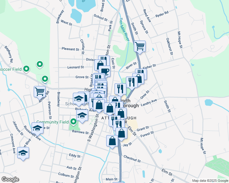 map of restaurants, bars, coffee shops, grocery stores, and more near 104 East Street in North Attleborough