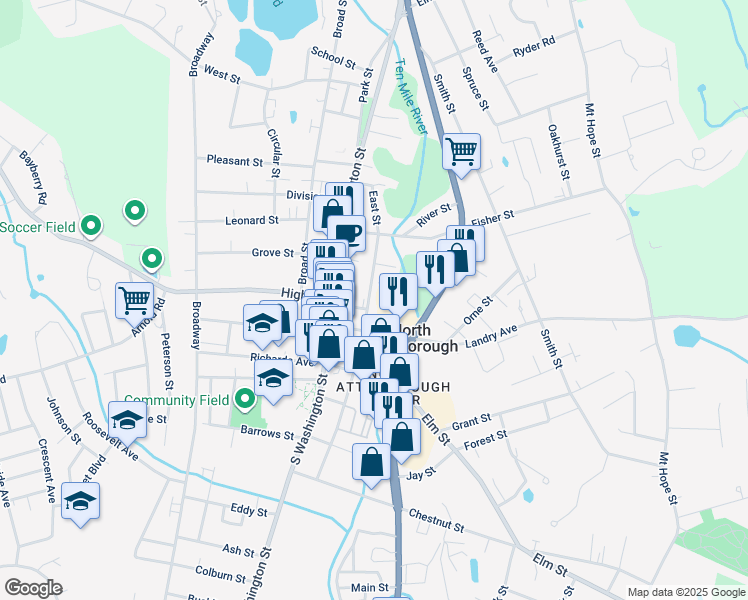 map of restaurants, bars, coffee shops, grocery stores, and more near 104 East Street in North Attleborough