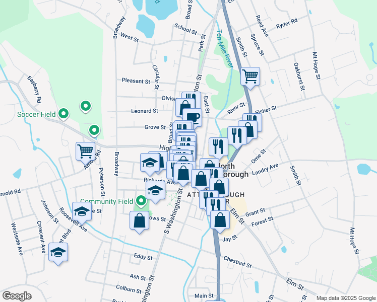 map of restaurants, bars, coffee shops, grocery stores, and more near 52 North Washington Street in North Attleborough