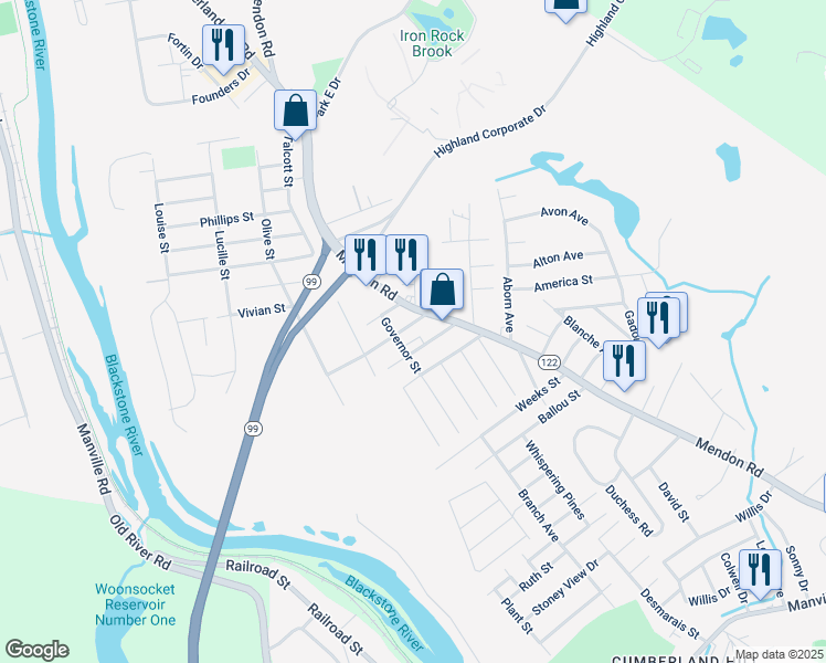 map of restaurants, bars, coffee shops, grocery stores, and more near 21 Governor Street in Cumberland