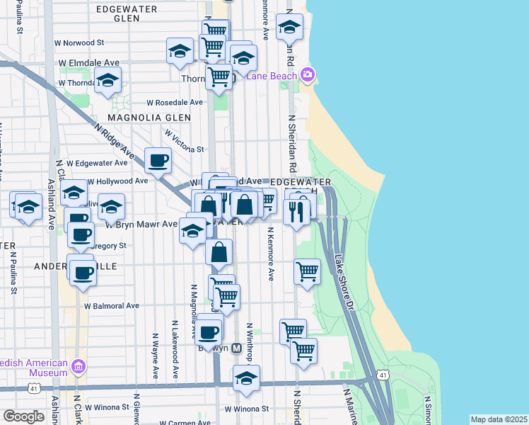 map of restaurants, bars, coffee shops, grocery stores, and more near 1039 West Bryn Mawr Avenue in Chicago