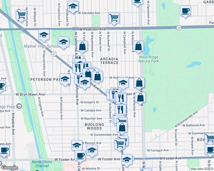 map of restaurants, bars, coffee shops, grocery stores, and more near 2600 West Bryn Mawr Avenue in Chicago