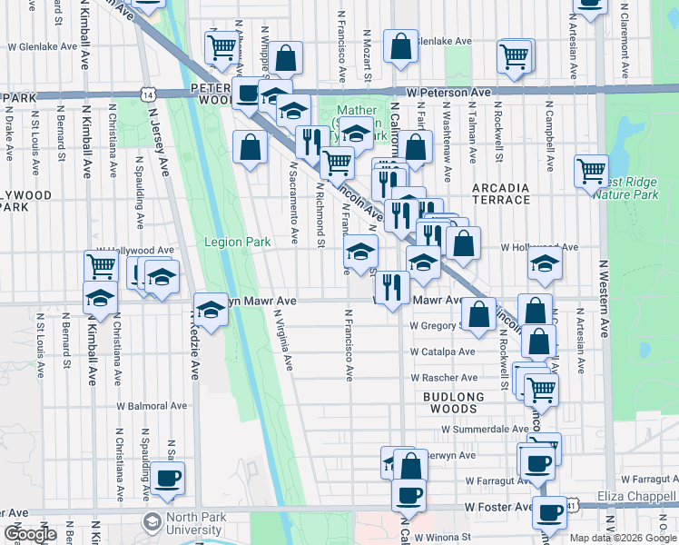 map of restaurants, bars, coffee shops, grocery stores, and more near 2906 West Bryn Mawr Avenue in Chicago