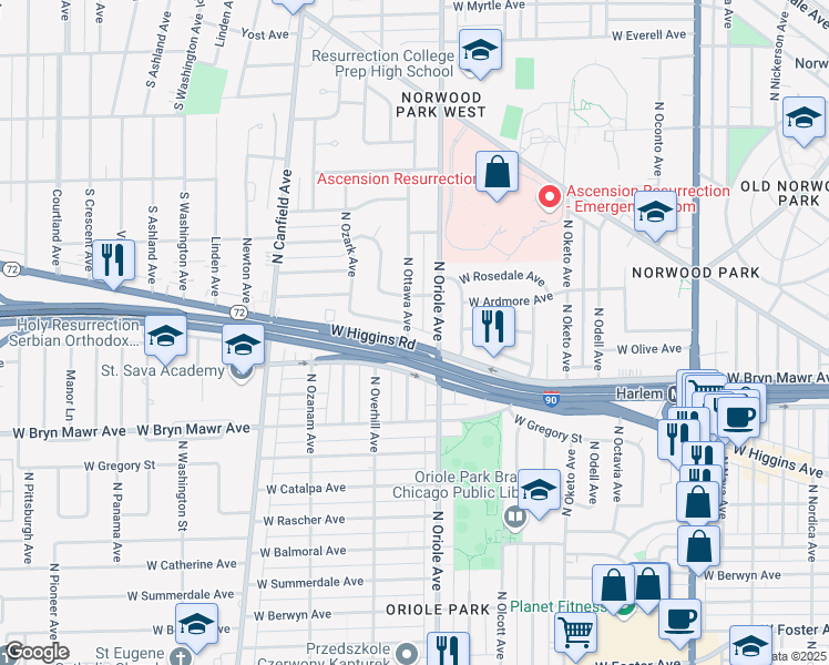 map of restaurants, bars, coffee shops, grocery stores, and more near 5631 North Ottawa Avenue in Chicago