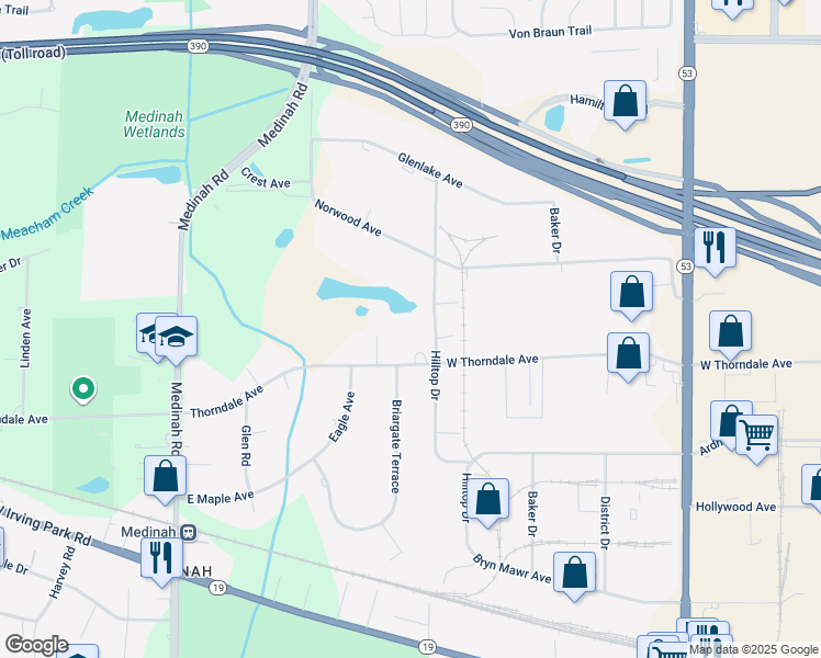 map of restaurants, bars, coffee shops, grocery stores, and more near 21W442 Thorndale Avenue in Medinah
