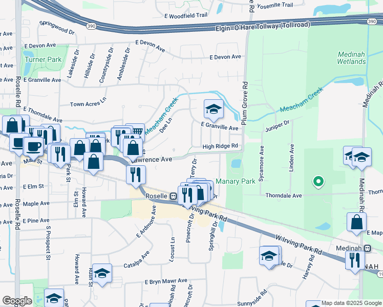 map of restaurants, bars, coffee shops, grocery stores, and more near 35 Terry Drive in Roselle