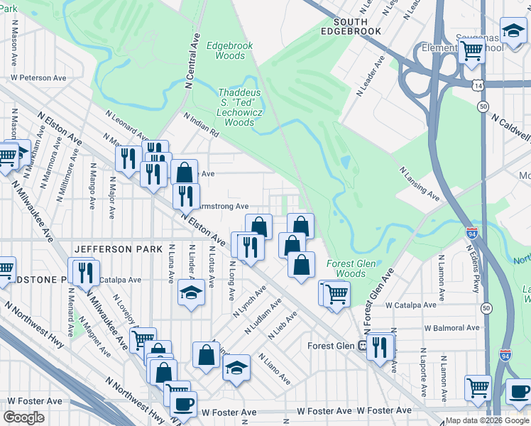 map of restaurants, bars, coffee shops, grocery stores, and more near 5638 North Lockwood Avenue in Chicago