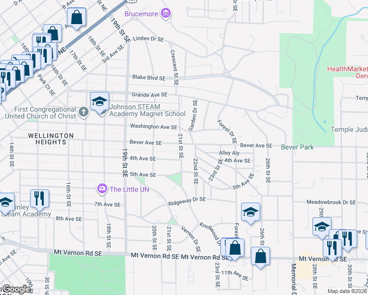 map of restaurants, bars, coffee shops, grocery stores, and more near 385 21st Street Southeast in Cedar Rapids