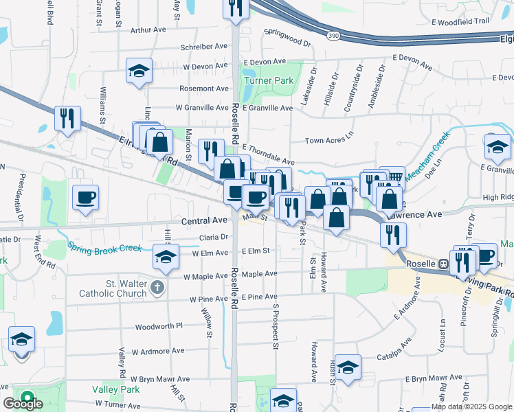 map of restaurants, bars, coffee shops, grocery stores, and more near 39 Main Street in Roselle