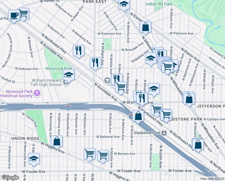 map of restaurants, bars, coffee shops, grocery stores, and more near 5640 North Northwest Highway in Chicago