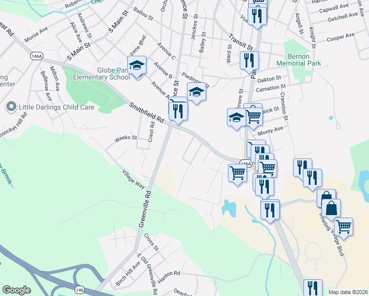 map of restaurants, bars, coffee shops, grocery stores, and more near 41 Summit Avenue in North Smithfield