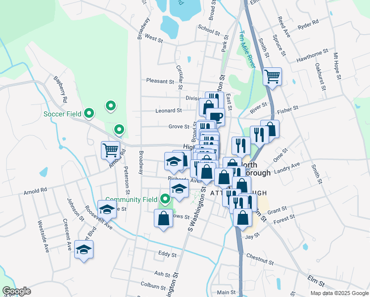 map of restaurants, bars, coffee shops, grocery stores, and more near 39 Church Street in North Attleborough