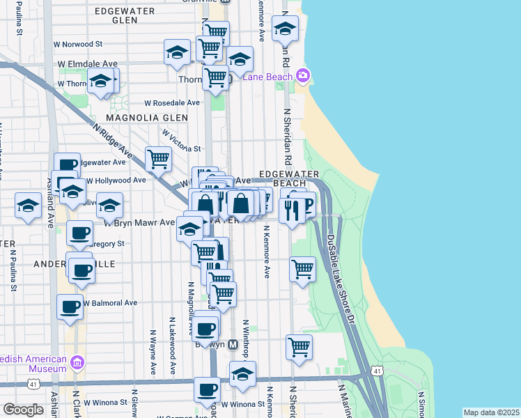 map of restaurants, bars, coffee shops, grocery stores, and more near 1039 West Bryn Mawr Avenue in Chicago