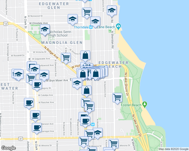 map of restaurants, bars, coffee shops, grocery stores, and more near 5616 North Winthrop Avenue in Chicago