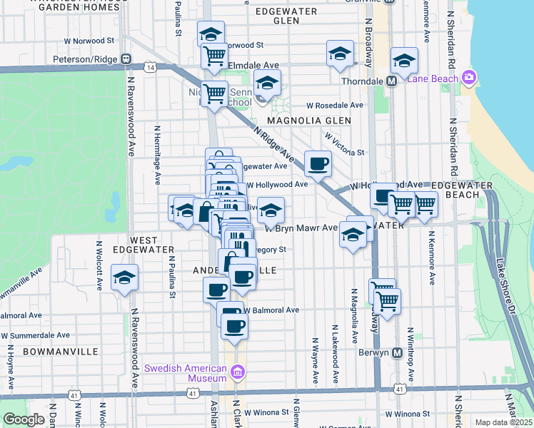 map of restaurants, bars, coffee shops, grocery stores, and more near 1428 West Bryn Mawr Avenue in Chicago