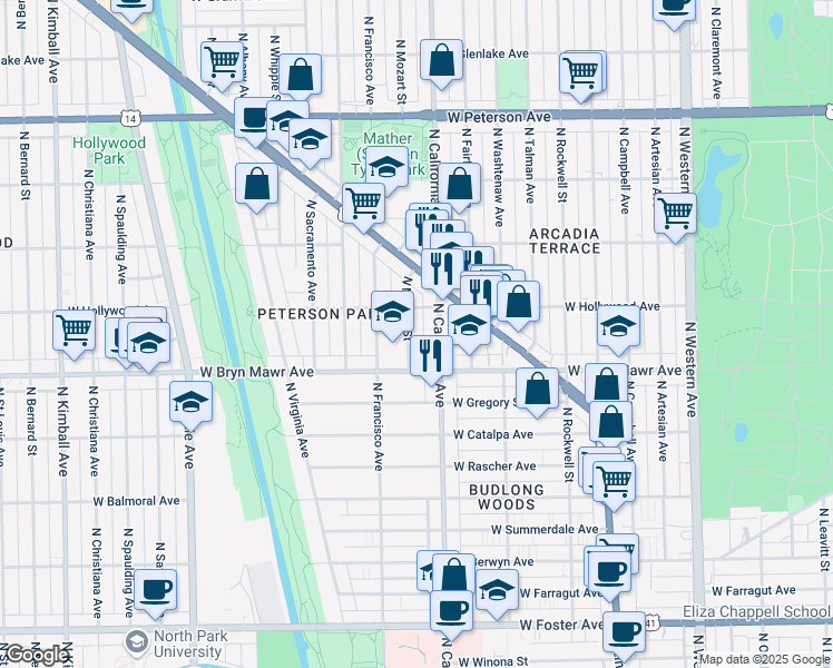 map of restaurants, bars, coffee shops, grocery stores, and more near 10 North Mozart Street in Chicago