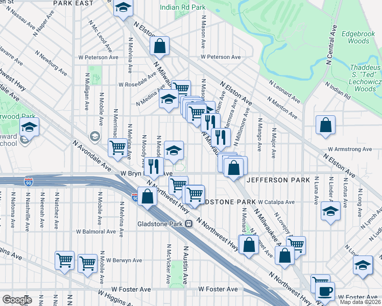 map of restaurants, bars, coffee shops, grocery stores, and more near 5620 North Mason Avenue in Chicago