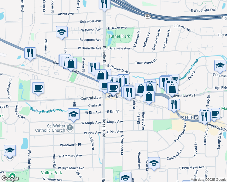 map of restaurants, bars, coffee shops, grocery stores, and more near 39 Main Street in Roselle
