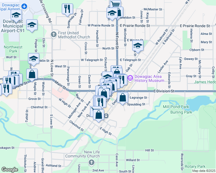 map of restaurants, bars, coffee shops, grocery stores, and more near in Dowagiac
