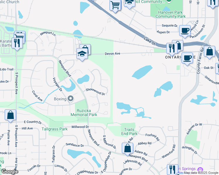 map of restaurants, bars, coffee shops, grocery stores, and more near 919 Shorewood Drive in Bartlett