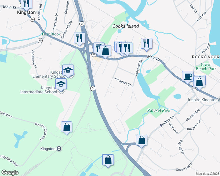 map of restaurants, bars, coffee shops, grocery stores, and more near 36 Mayflower Street in Kingston