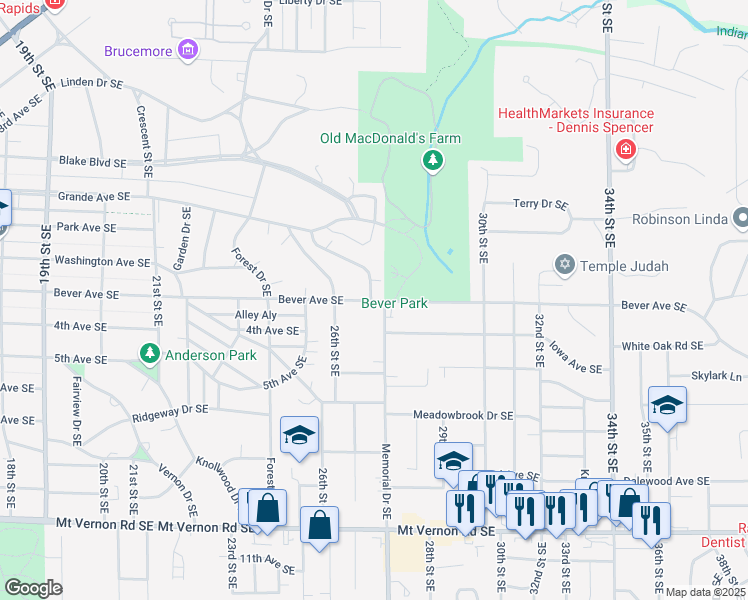 map of restaurants, bars, coffee shops, grocery stores, and more near 2750 Bever Avenue Southeast in Cedar Rapids