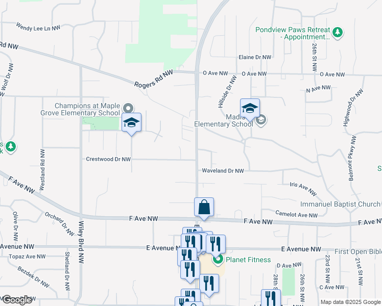 map of restaurants, bars, coffee shops, grocery stores, and more near 1200 Edgewood Road Northwest in Cedar Rapids