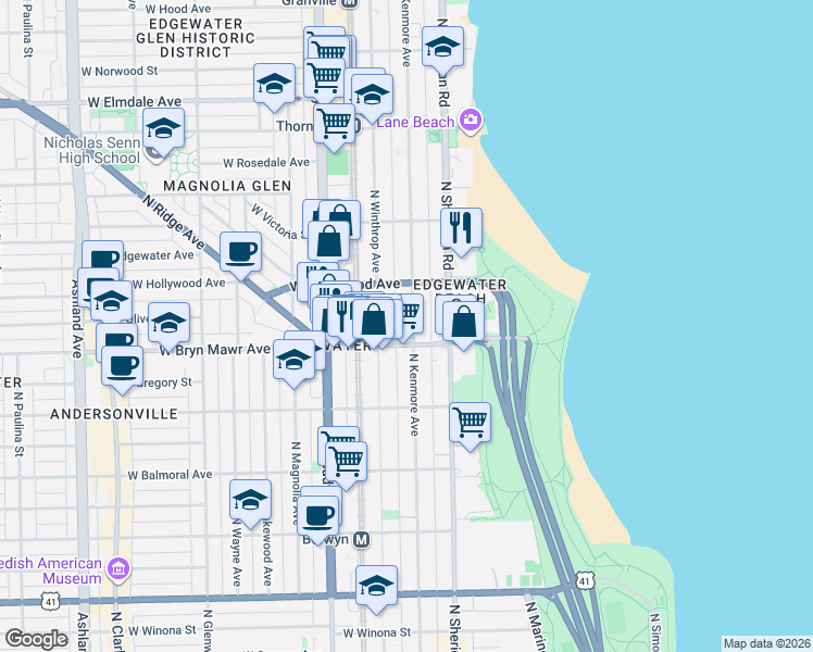 map of restaurants, bars, coffee shops, grocery stores, and more near 5616 North Kenmore Avenue in Chicago