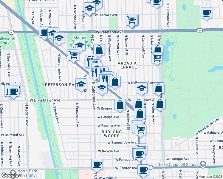 map of restaurants, bars, coffee shops, grocery stores, and more near 5700 North Talman Avenue in Chicago