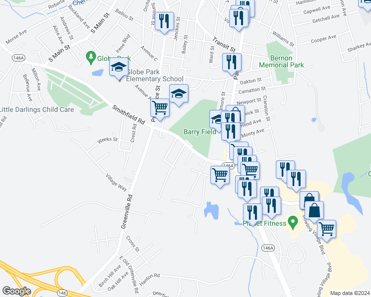 map of restaurants, bars, coffee shops, grocery stores, and more near 543 Smithfield Road in North Smithfield