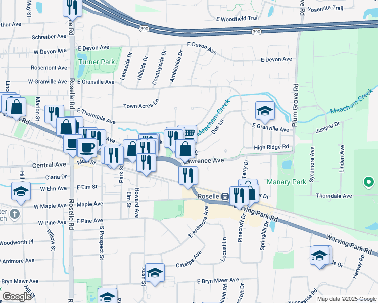 map of restaurants, bars, coffee shops, grocery stores, and more near 231 Park Lane in Roselle