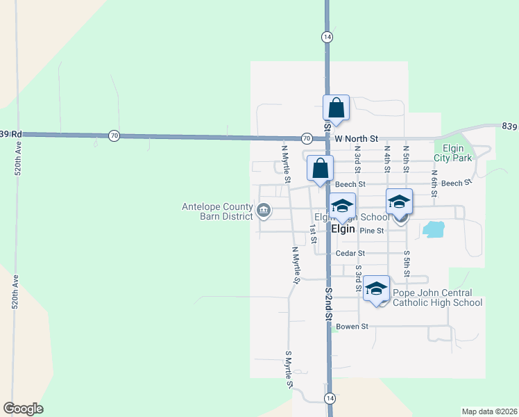 map of restaurants, bars, coffee shops, grocery stores, and more near North West Street in Elgin