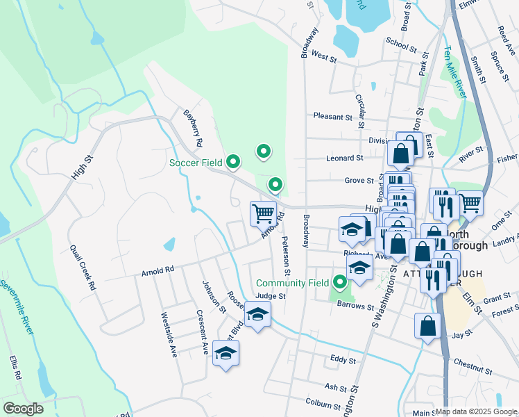 map of restaurants, bars, coffee shops, grocery stores, and more near 194 High Street in North Attleborough