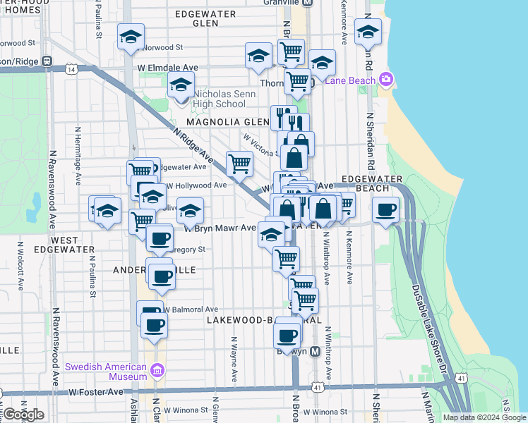 map of restaurants, bars, coffee shops, grocery stores, and more near 5648 North Magnolia Avenue in Chicago