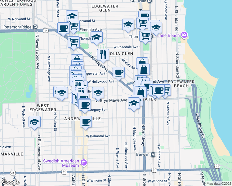 map of restaurants, bars, coffee shops, grocery stores, and more near 5645 North Glenwood Avenue in Chicago