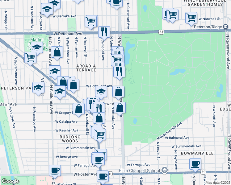 map of restaurants, bars, coffee shops, grocery stores, and more near 5700 North Western Avenue in Chicago